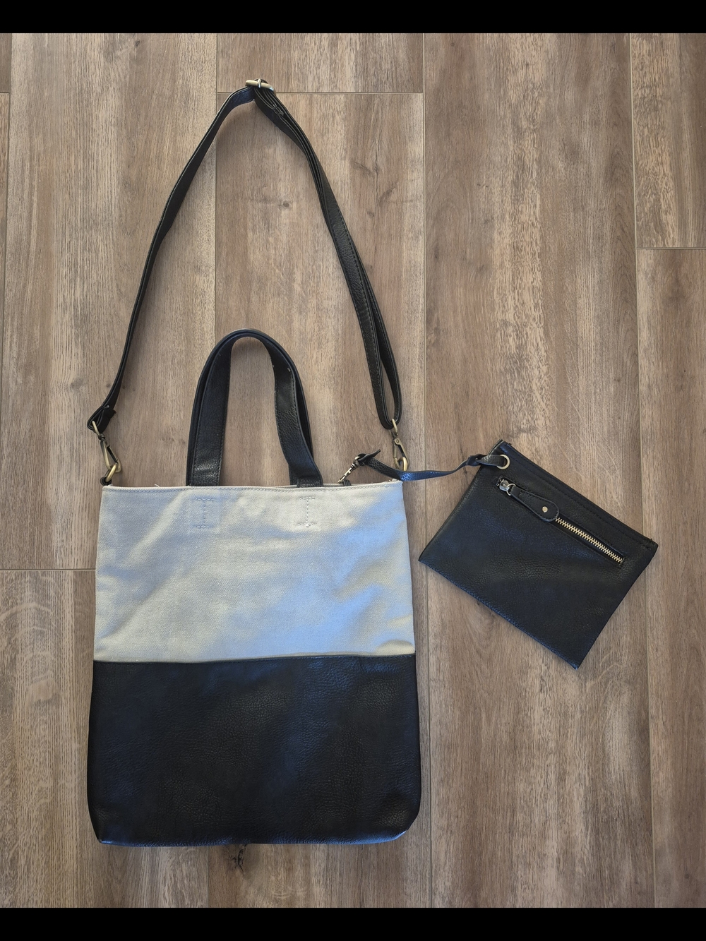 Free People Two-Tone Black and Canvas Convertible Tote with Removable Pouch